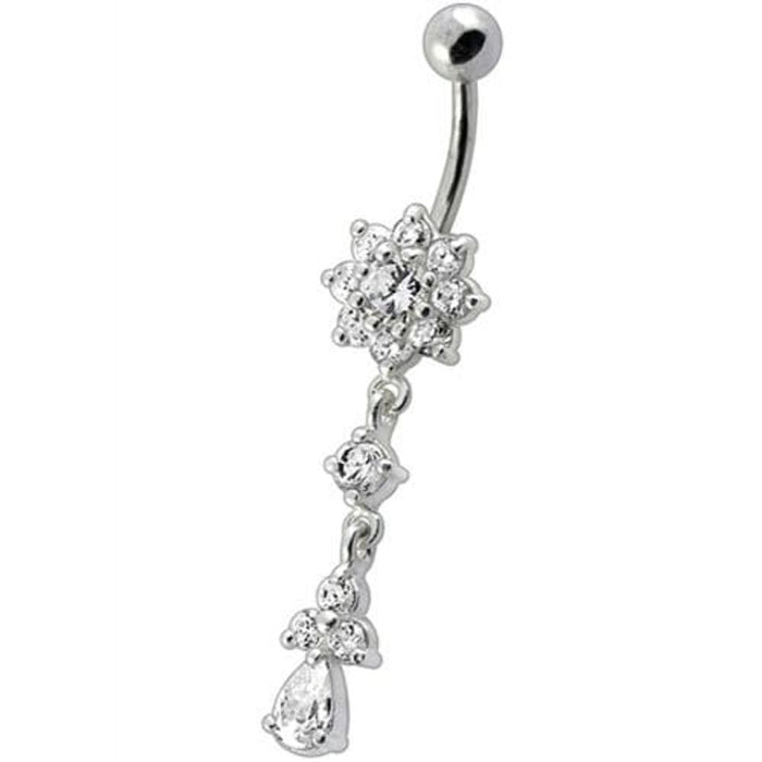 Fancy Jeweled Flower Dangling Curved Bar Belly Ring