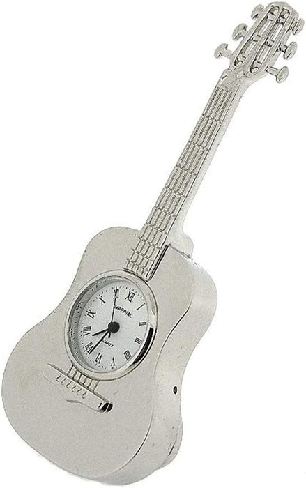 Silver Plated Guitar Clock - Solid Brass, Free-Standing, Miniature, High Quality - CLEARANCE, NEEDS RE-BATTERY