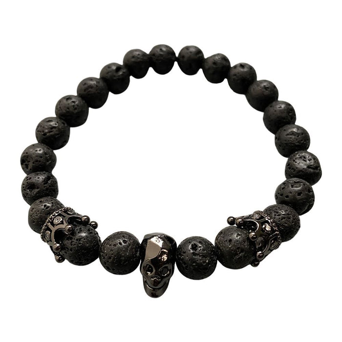 Edgy & Bold Skull Bracelet: Metallic Charm, Hematite, Lava & Wood Beads - Make a statement with our unique accessory!