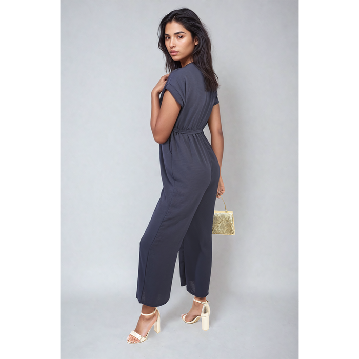 Belted V Neck Jumpsuit with Side Pockets