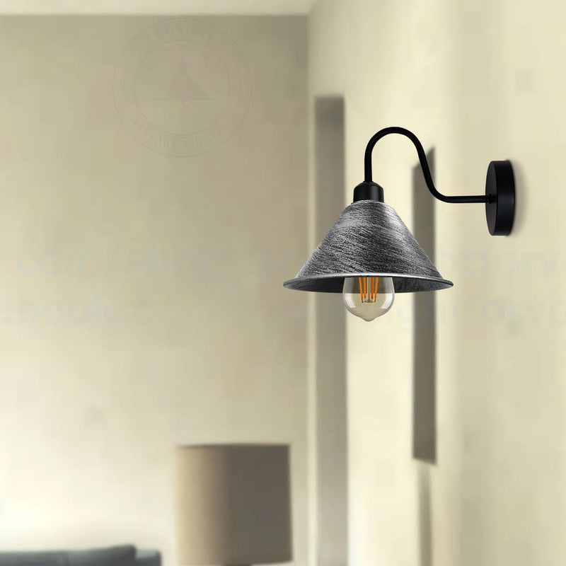 Vintage Silver Wall Sconce - Cone Shape Shade, Swan Neck Arm, Dimmable, E27 Base - Perfect for Indoor Lighting