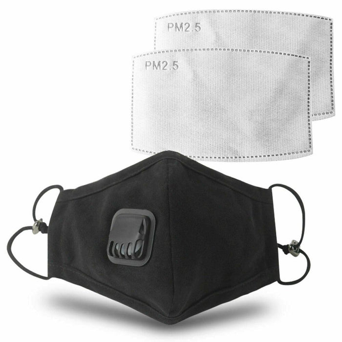 Premium Anti-Pollution Cotton Mask with Valve & Replaceable Filter - Black [1x Mask+2 Filters]