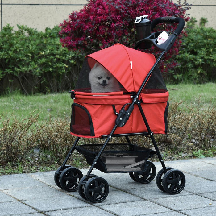 PawHut Dog Pram Dog Stroller Foldable Pet Pushchair with 4 Wheels, Safety Leashes, Cup Holder for Small Dogs, Red