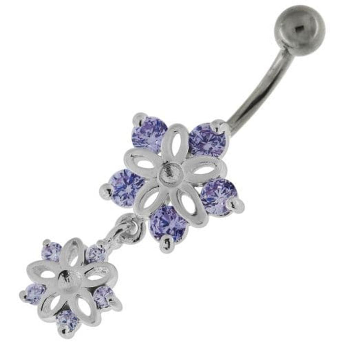 Jeweled Twin Flowers Sterling Silver Belly Button Ring