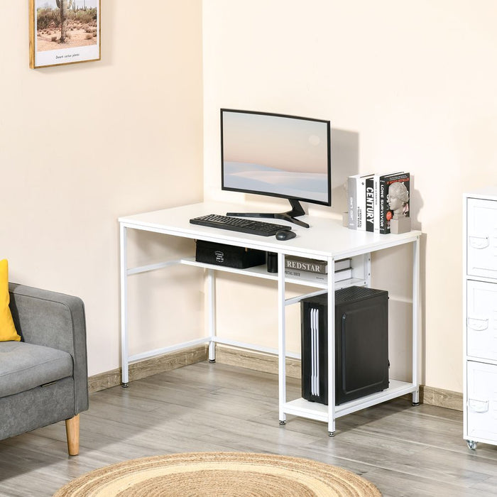 Premium White Computer Workstation: Spacious Desk with Storage Shelf & Steel Legs