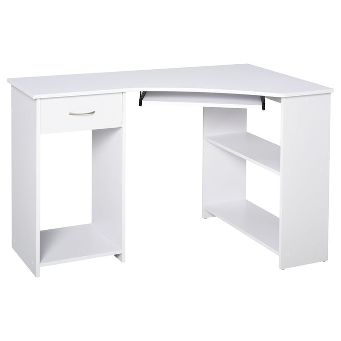 L-Shaped Corner Computer Desk w/ 2 Shelves Worktop Keyboard Tray White