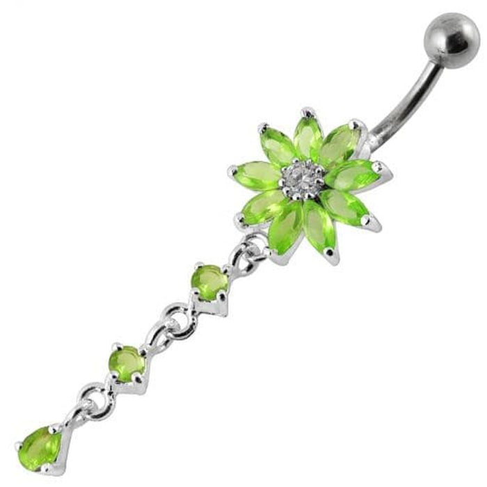 Flower Dangling Jeweled Curved Bar Belly Ring