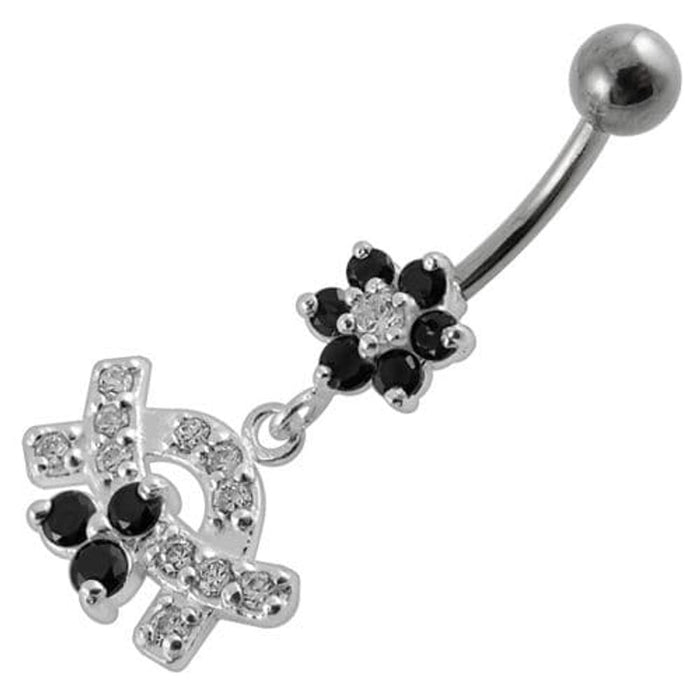 Jeweled Curve With Flower Silver Dangling Banana Bar Navel Belly Ring