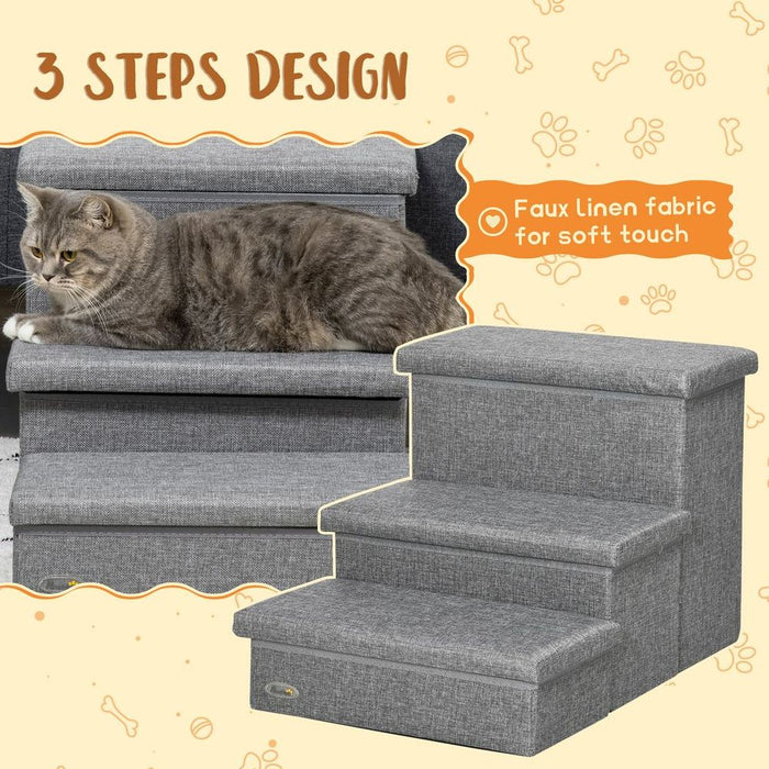 PawHut 3 Step Dog Steps with Storage Boxes, Cat Stairs for Bed Sofa, Light Grey