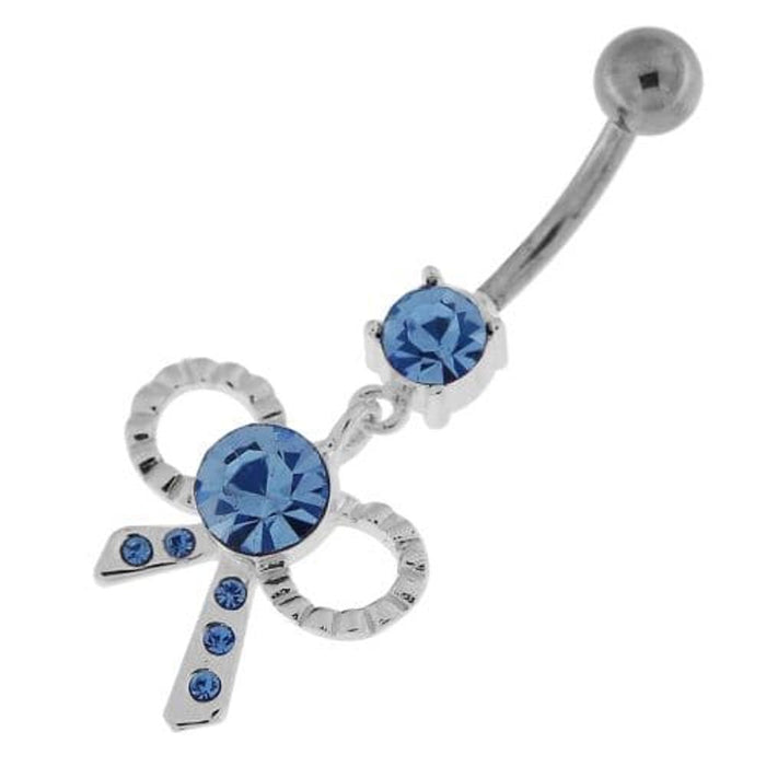 Simple Jeweled Tie Bow Silver Belly Button Ring