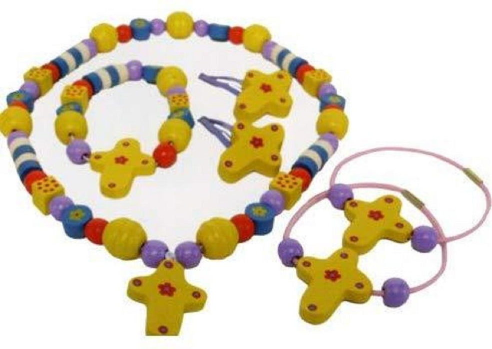 Colorful Kids 4Pc Wooden Cross Charm Jewelry Set - Perfect Gift