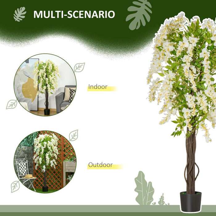 HOMCOM Artificial Realistic White Wisteria Tree Faux Decorative Plant in Nursery Pot for Indoor Outdoor Décor, 160cm