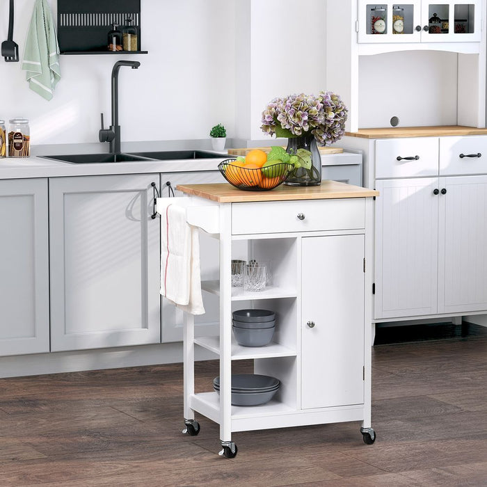 Stylish White MDF Kitchen Trolley: Storage, Shelves, Cupboard, Drawer, Hanging Rail