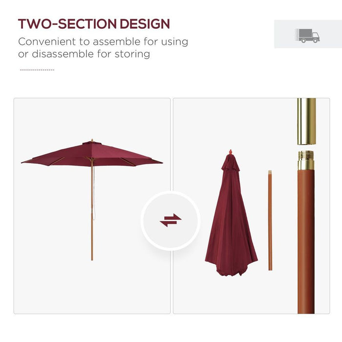 Outsunny 3m Fir Wooden Garden Parasol - Wine Red