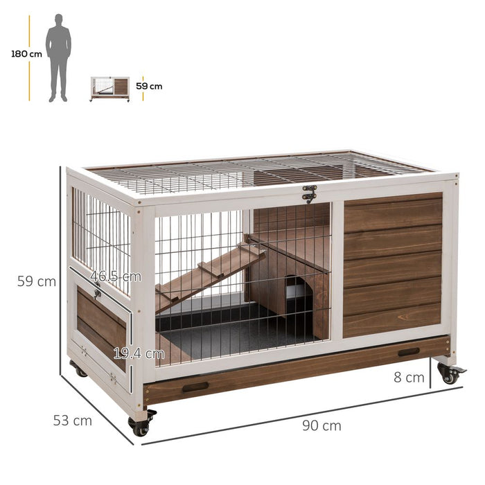 Premium Wood Indoor Rabbit Hutch - 2-Floor Guinea Pigs Cage w/ Wheels