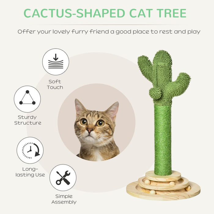 PawHut Cat Tree Cactus Sisal Scratching Post for Indoor Cats Play Tower Kitten Furniture with Hanging Ball Interactive Fun Roller Exerciser 32 x 32 x 60cm