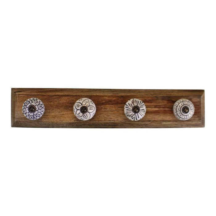 4 Ivory Ceramic Coat Hooks on Wood Base - Stylish, Durable, Easy to Install