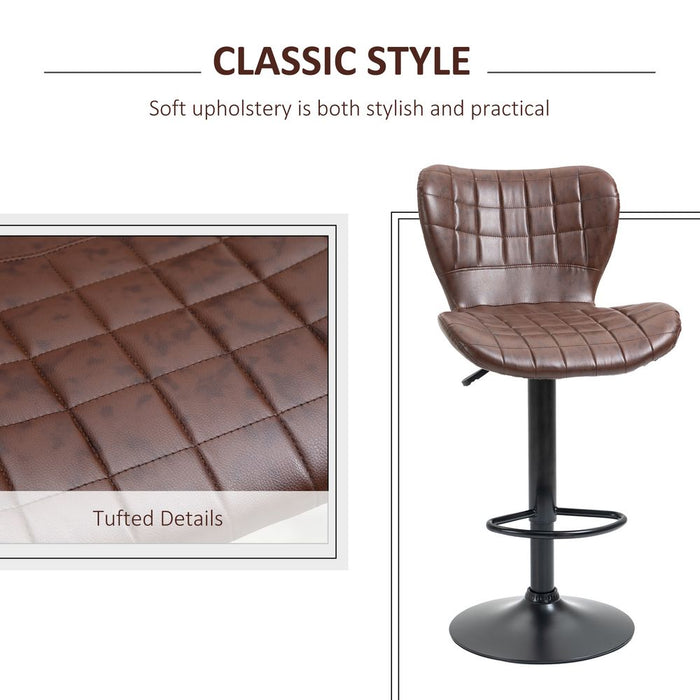 2 Brown PU Leather Swivel Bar Chairs - Adjustable Height, Backrest - High Quality