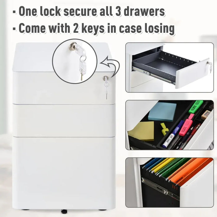 3 Drawer Metal Filing Cabinet Lockable 4 Wheels Compact Under Desk White