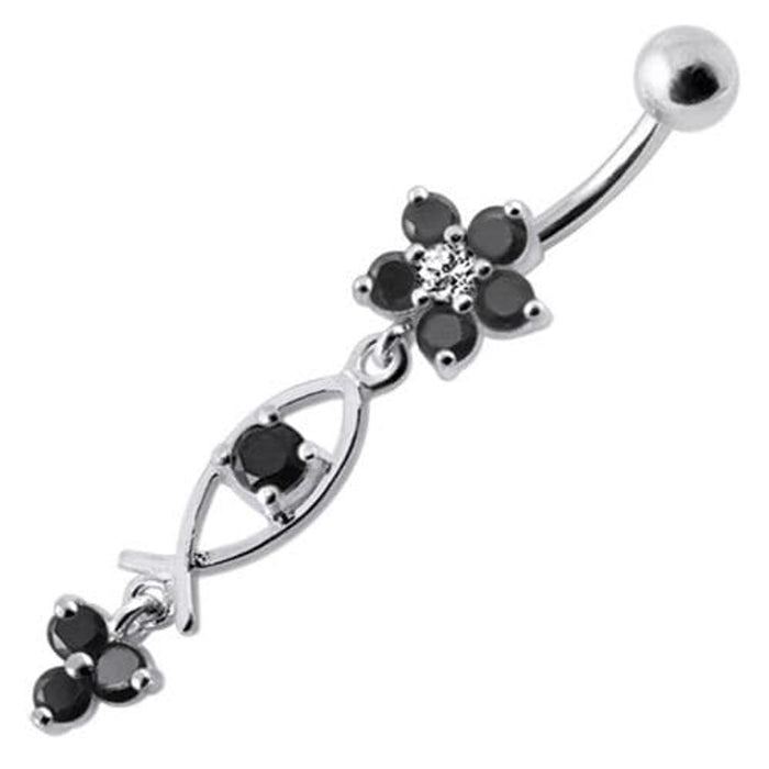 Silver Fancy Jeweled Dangling Flower With SS Banana Bar Navel Ring