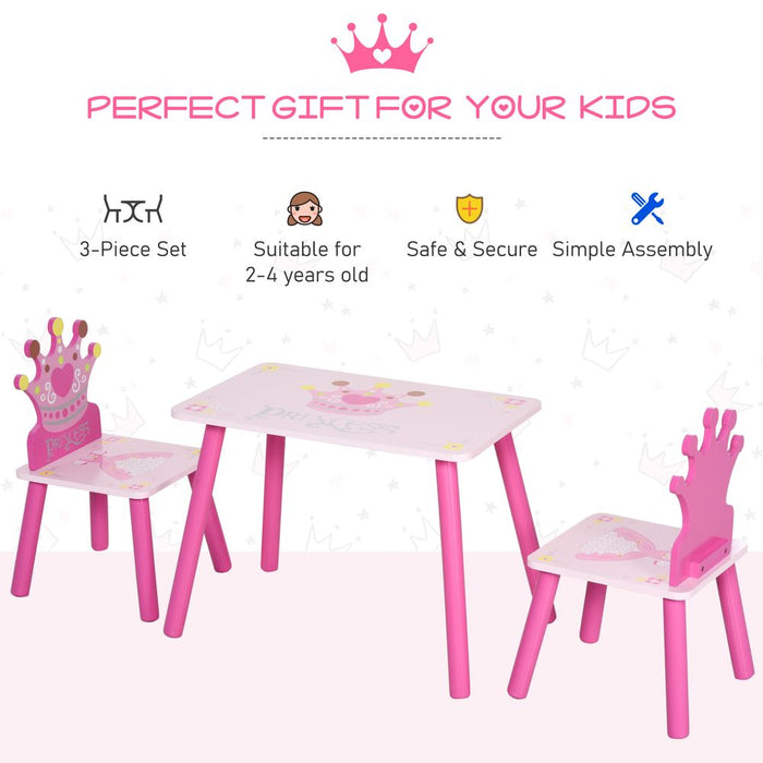 Princess Crown Chair Table Set 2-4 Yrs Pink HOMCOM: Kids Home Furniture 3 Pcs