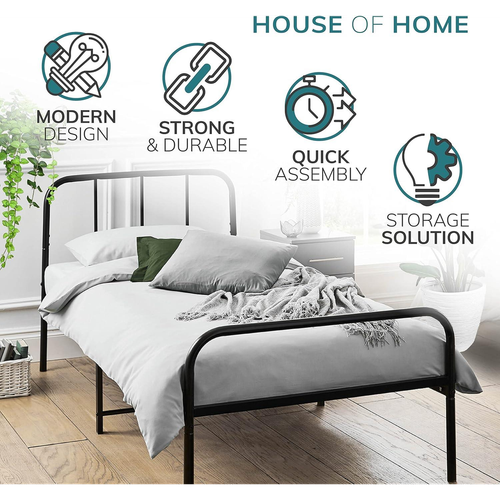 House of Home Black Single Metal Bed Frame Extra Strong with Rounded Headboard