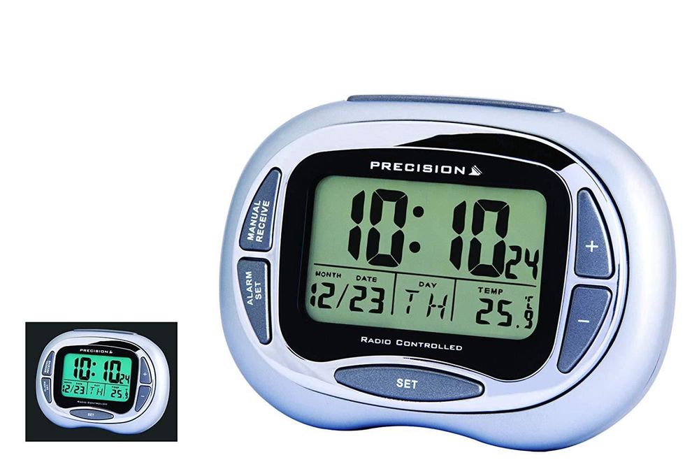 Premium Radio Controlled Alarm Clock - Precision, Digital, Silver, LCD, Beep, Snooze, Date Display, Backlight