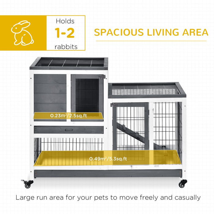 PawHut Wooden Indoor Rabbit Hutch Guinea Pig House Bunny Small Animal Cage W/Wheels Enclosed Run 110 x 50 x 86 cm, Grey