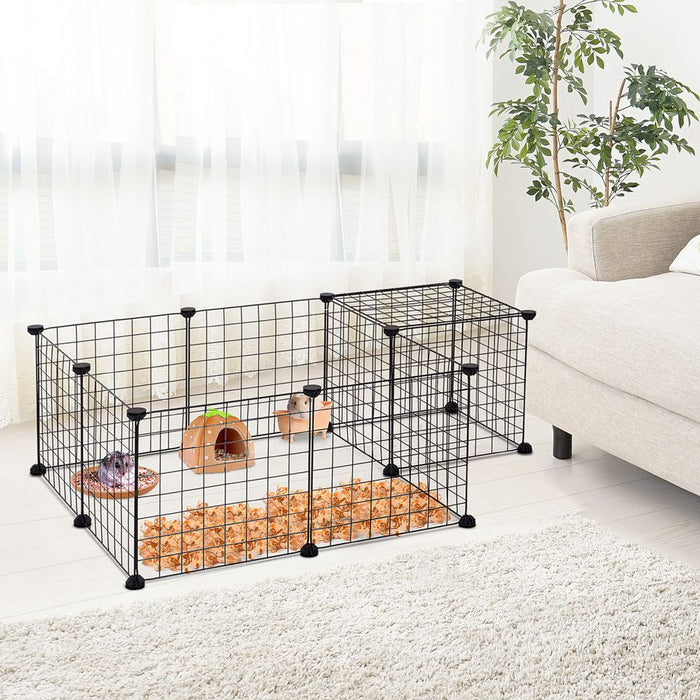 Pawhut DIY Pet Playpen Metal Wire Fence 12 Panel Enclosure Indoor Outdoor Guinea Pig Rabbit Small Animals Cage, Black