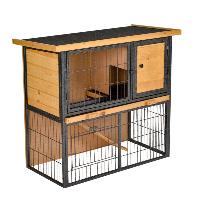 PawHut Wood-metal Rabbit Hutch Guinea Pig Hutch Elevated Pet House Bunny Cage with Slide-Out Tray Openable Roof Outdoor 89.5 x 45 x 81cm Light Yellow