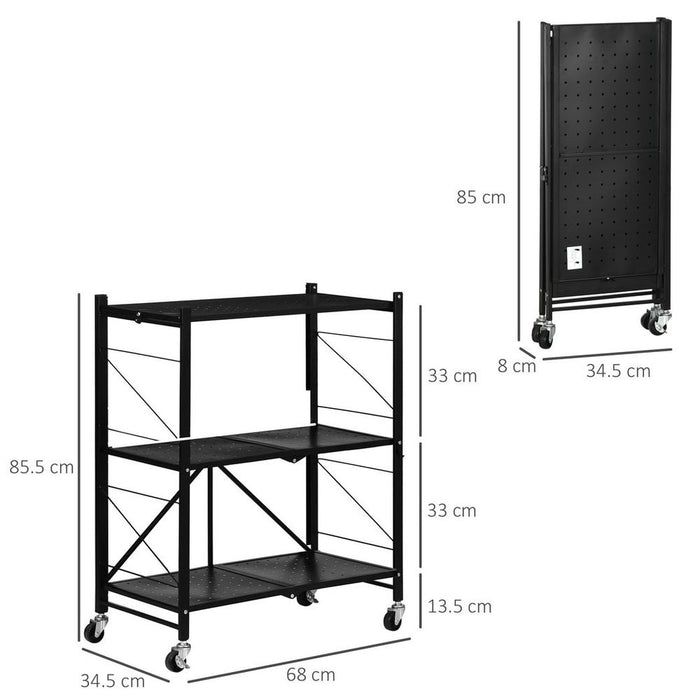 Foldable 3-Tier Storage Trolley Rolling Cart - 68x34.5x85.5cm - Kitchen Organizer