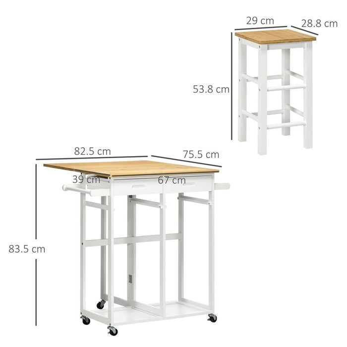 HOMCOM Bamboo Breakfast Cart with Drop Leaf Table and 2 Stools