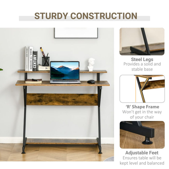 Stylish Brown Computer Desk with Monitor Shelf and Storage