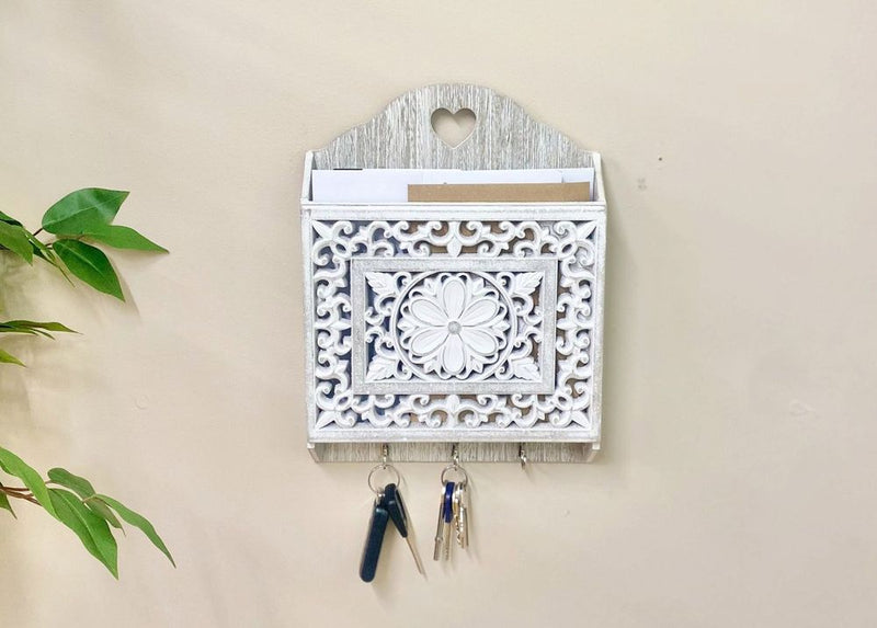 Rustic Grey Wooden 3-Hook Key Holder with Cutout Pattern Shelf