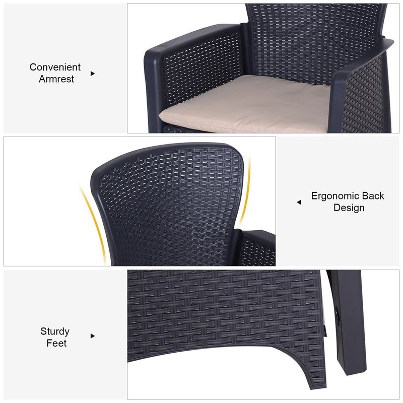 High Load Patio Coffee Set | 3-PCS Rattan Chair, Table & Cushion | Garden Gathering Furniture