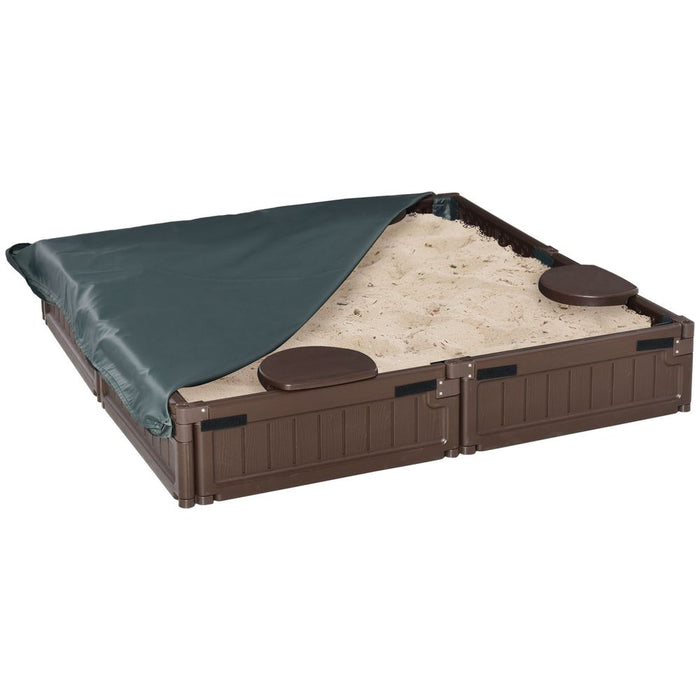 Premium Kids Outdoor Sandbox | Canopy, Seats | Durable Plastic | Ages 3-12 | Brown