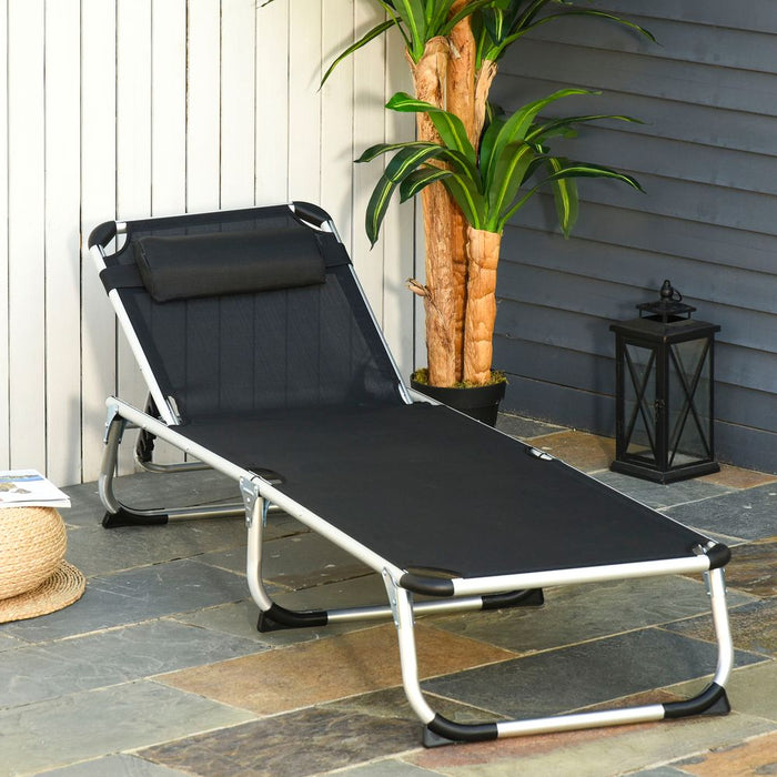 Foldable Reclining Sun Lounger Lounge Chair Camping Bed Cot with Pillow