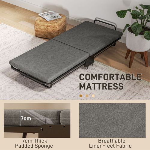 HOMCOM Single Folding Bed with Mattress Foldable Guest Bed on Wheels, Grey