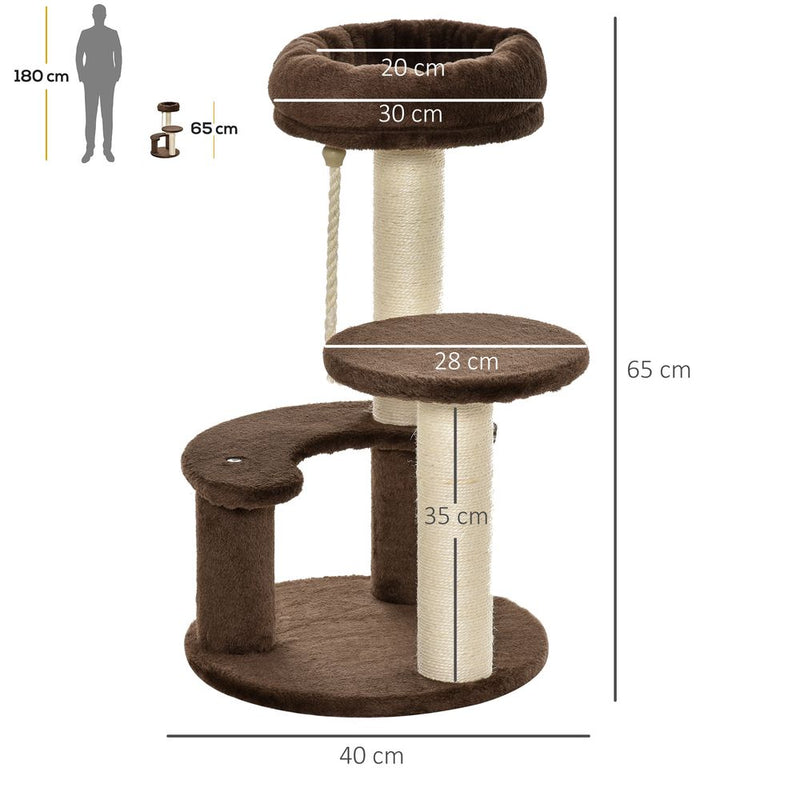 PawHut 65 cm Cat Tree for Indoor Cats Kitty Scratcher Kitten Activity Center Scratching Post Playhouse 2 Perch w/ Hanging Sisal Rope Brown