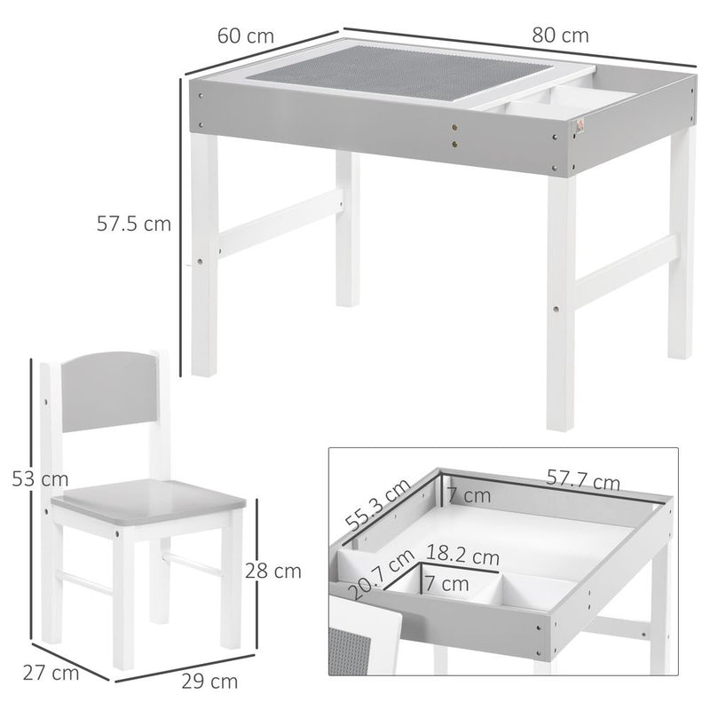 HOMCOM 2 in 1 kids Table and Chair Set, Children Activity Play Table for Bricks Toddler Furniture with Storage Space, Grey