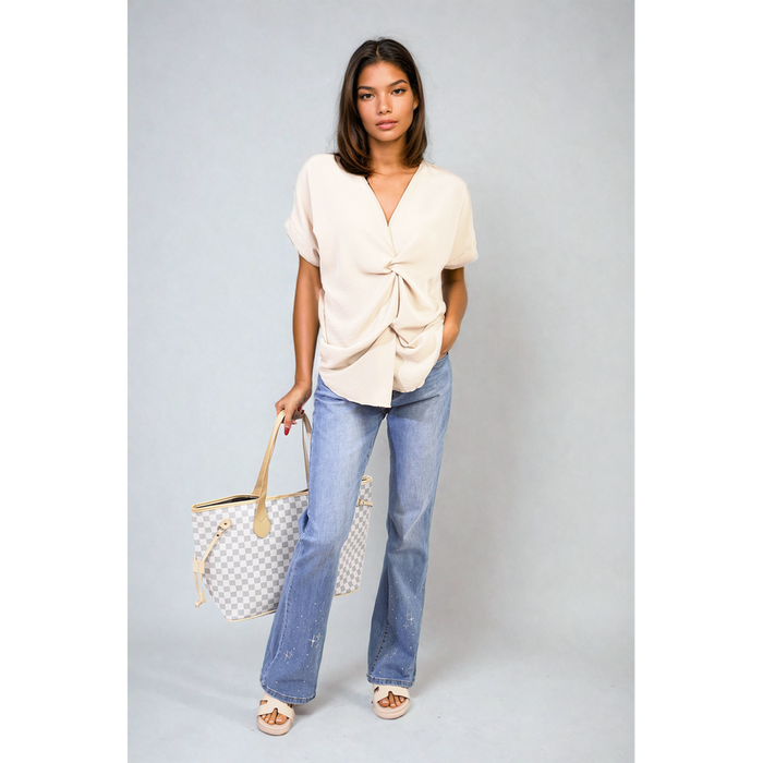 Effortlessly Chic V-Neck Twist Front Top: Perfect for Casual or Formal Settings, Comfortable Fit, Versatile Style