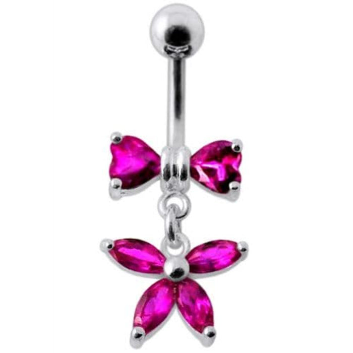 Fancy Jeweled Butterfly with Bow Dangling Surgical Grade Steel Belly Ring