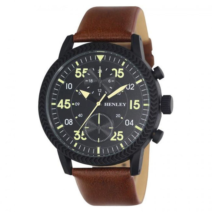 Bold Textured Sports Black Dial Men's Watch. Brown Leather Strap. High Quality. H02212.3