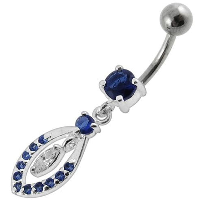 Jeweled Fancy Silver Dangling SS Bar Banana Belly Ring