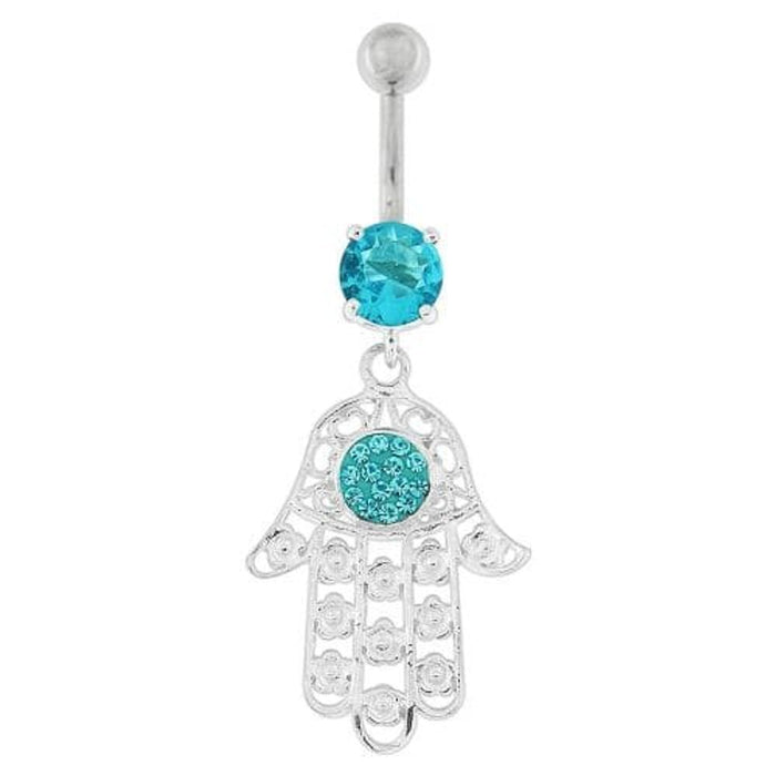 Hamsa Hand with Flowers Dangling Belly Button Ring