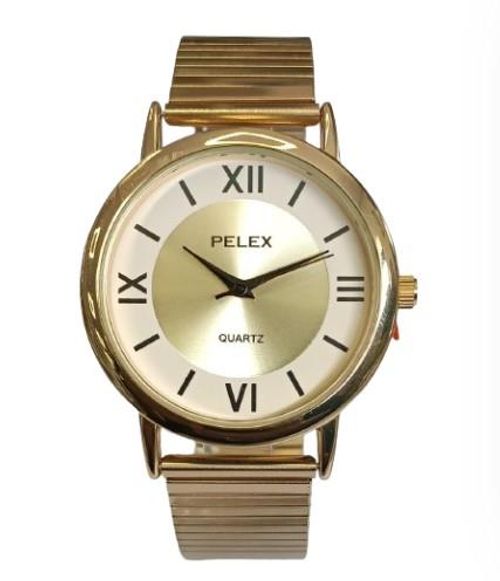 Pelex Mens Big Roman number Gold Case Gold Dial Gold Bracelet Strap Quartz Watch