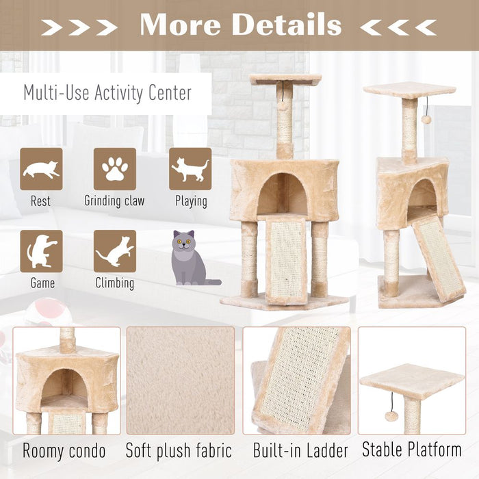 Premium Quality 3-Level Cat Tree with Scratching Posts, Perch, Condo, and Ladder - Beige Pawhut