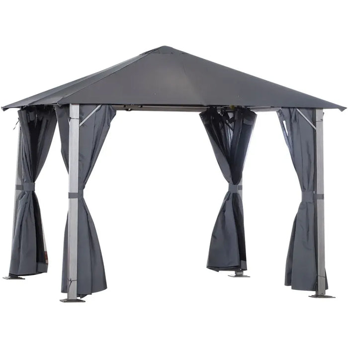 Spacious 2.6m Outdoor Gazebo, Steel Wood Grain Frame, Mesh Curtain Sidewalls, Sun Shelter