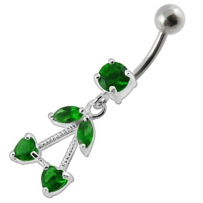 Fancy Jeweled Double Heart Stone Dangling SS Bar Belly Ring Body Jewelry