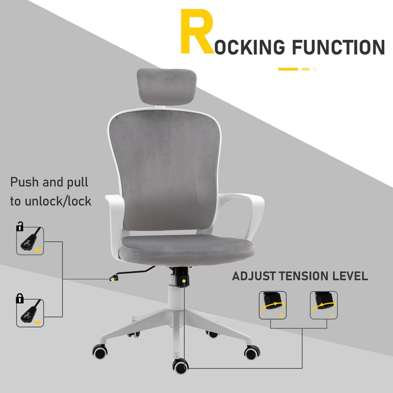Vinsetto Office Chair, Ergonomic Desk Chair, High Back Velvet Fabric Computer Chair with Adjustable & Liftable Headrest for Home, Grey